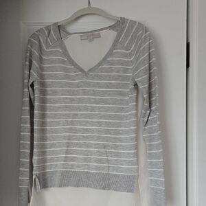 LOFT Light Gray and White Striped V-Neck Sweater